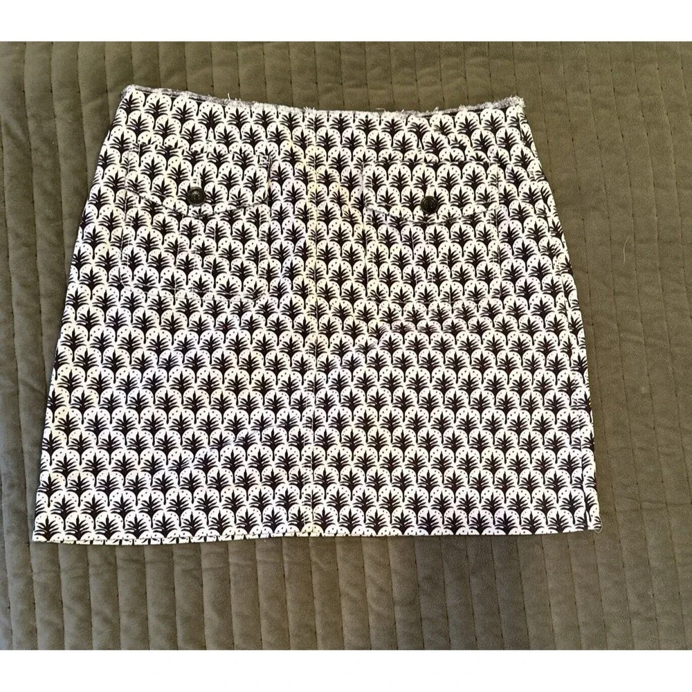 Tory Burch Black White Palm Abstract Cotton Denim Sailor Logo Button Skirt 2 S 4